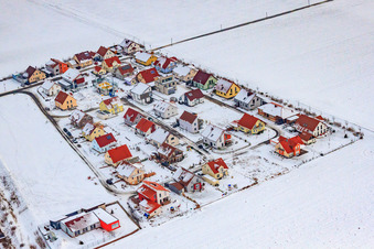 New development area Brotäcker in snow in Steinweiler in the state Rhineland-Palatinate, Germany out of the air