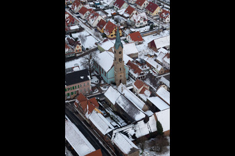 Aerial view of Protestant Church, Town Hall in Erlenbach bei Kandel in the state Rhineland-Palatinate, Germany