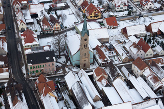 Aerial photograpy of Protestant Church, Town Hall in Erlenbach bei Kandel in the state Rhineland-Palatinate, Germany