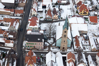 Oblique view of Protestant Church, Town Hall in Erlenbach bei Kandel in the state Rhineland-Palatinate, Germany