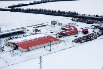 Aerial view of Chicken farm egg farm in winter with snow in Erlenbach bei Kandel in the state Rhineland-Palatinate, Germany