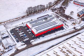 Aerial view of Bienwald Fitness World in the snow in the district Minderslachen in Kandel in the state Rhineland-Palatinate, Germany