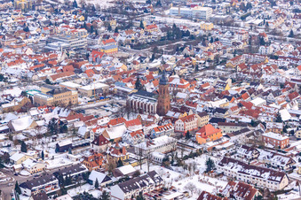 Market square, church in snow in Kandel in the state Rhineland-Palatinate, Germany