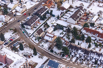 Aerial view of Guttenbergstraße in the snow in Kandel in the state Rhineland-Palatinate, Germany