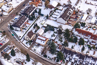 Aerial photograpy of Guttenbergstraße in the snow in Kandel in the state Rhineland-Palatinate, Germany
