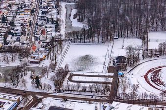 Bienwaldstadion: the new artificial turf pitch, covered in snow in Kandel in the state Rhineland-Palatinate, Germany