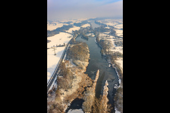 Aerial view of Old Rhine in winter in Wörth am Rhein in the state Rhineland-Palatinate, Germany