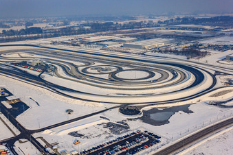 Aerial photograpy of Oberwald industrial area, Daimler truck test track in winter with snow in Wörth am Rhein in the state Rhineland-Palatinate, Germany