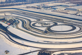 Oberwald industrial area, Daimler truck test track in winter with snow in Wörth am Rhein in the state Rhineland-Palatinate, Germany out of the air