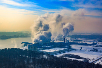 Palm paper mill from the north in winter with snow in Wörth am Rhein in the state Rhineland-Palatinate, Germany