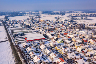 Aerial view of At Otterbach in winter with snow in Neupotz in the state Rhineland-Palatinate, Germany