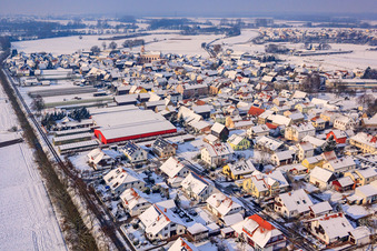 Aerial photograpy of At Otterbach in winter with snow in Neupotz in the state Rhineland-Palatinate, Germany