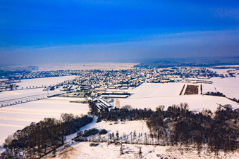 Village view from the southeast in winter with snow in Rheinzabern in the state Rhineland-Palatinate, Germany