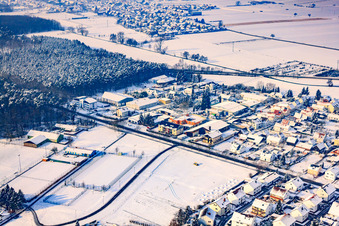 Aerial photograpy of Kandelerstraße in winter with snow in Rheinzabern in the state Rhineland-Palatinate, Germany