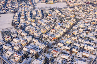 Aerial view of Goethering in winter with snow in Rheinzabern in the state Rhineland-Palatinate, Germany