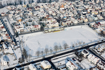 Wintry snowy Sports grounds and football pitch of Sportverein Olympia in Rheinzabern in the state Rhineland-Palatinate, Germany