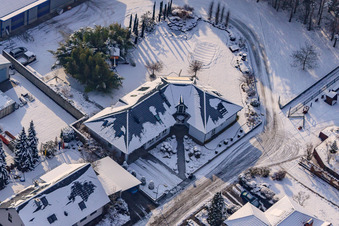 Industrial road in winter with snow in Rheinzabern in the state Rhineland-Palatinate, Germany from above