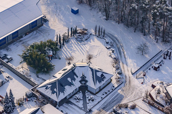 Industrial road in winter with snow in Rheinzabern in the state Rhineland-Palatinate, Germany out of the air