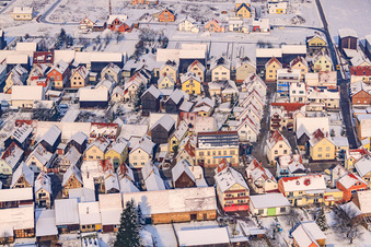 Aerial view of Luitpoldstraße in winter with snow in Hatzenbühl in the state Rhineland-Palatinate, Germany