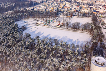 Sports field of SV1920 Hatzenbühl in winter with snow in Hatzenbühl in the state Rhineland-Palatinate, Germany