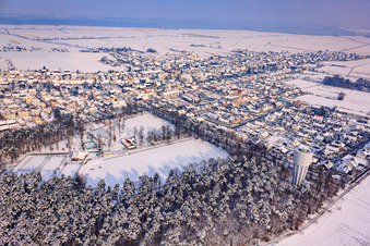 Sports fields of SV1920 Hatzenbühl in winter with snow in Hatzenbühl in the state Rhineland-Palatinate, Germany