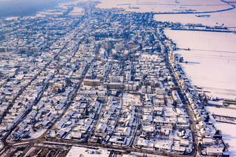 At the Waserturm and Juststraße in winter with snow in Kandel in the state Rhineland-Palatinate, Germany