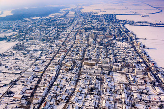 Rheinstraße, Juststraße and Robert-Koch-Straße in winter with snow in Kandel in the state Rhineland-Palatinate, Germany