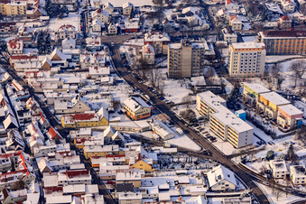 Juststraße and Robert-Koch-Straße in winter with snow in Kandel in the state Rhineland-Palatinate, Germany