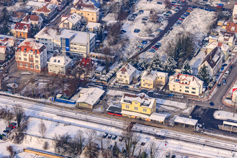 Aerial photograpy of Train station in winter with snow in Kandel in the state Rhineland-Palatinate, Germany