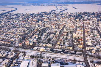 Aerial view of Garden Street in winter with snow in Kandel in the state Rhineland-Palatinate, Germany