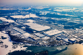 Daimler truck plant in Wörth from the northwest in winter with snow in Wörth am Rhein in the state Rhineland-Palatinate, Germany