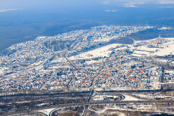 Aerial photograpy of City view from the southeast in winter with snow in Wörth am Rhein in the state Rhineland-Palatinate, Germany