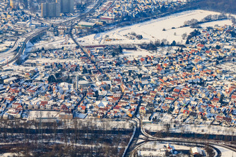 Altwörth from the east in winter with snow in Wörth am Rhein in the state Rhineland-Palatinate, Germany