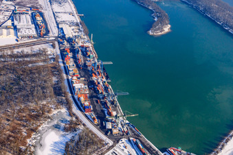 Container port at the Landeshafen Wörth in winter with snow in the district Maximiliansau in Wörth am Rhein in the state Rhineland-Palatinate, Germany