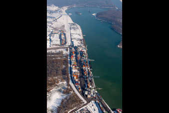 Wintry snowy Container Terminal in the inland port of Contargo Woerth-Karlsruhe GmbH on Rhine in the district Industriegebiet Woerth-Oberwald in Woerth am Rhein in the state Rhineland-Palatinate, Germany