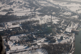 Aerial view of Maxau, Stora Enso paper mill in winter in the district Knielingen in Karlsruhe in the state Baden-Wuerttemberg, Germany