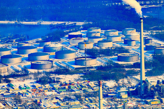 Aerial view of MIRO refinery in winter with snow in the district Knielingen in Karlsruhe in the state Baden-Wuerttemberg, Germany