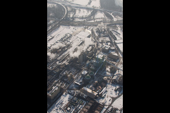 Aerial photograpy of Maxau, Stora Enso paper mill in winter in the district Knielingen in Karlsruhe in the state Baden-Wuerttemberg, Germany