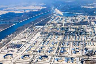 Aerial photograpy of MIRO refinery in winter with snow in the district Knielingen in Karlsruhe in the state Baden-Wuerttemberg, Germany