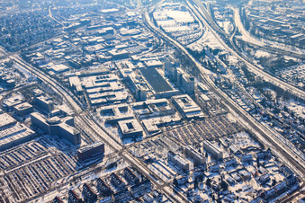 SIEMENS AG in winter with snow in the district Knielingen in Karlsruhe in the state Baden-Wuerttemberg, Germany