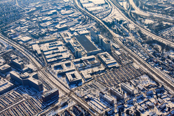 Aerial view of SIEMENS AG in winter with snow in the district Knielingen in Karlsruhe in the state Baden-Wuerttemberg, Germany