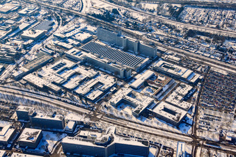 Aerial photograpy of SIEMENS AG in winter with snow in the district Knielingen in Karlsruhe in the state Baden-Wuerttemberg, Germany
