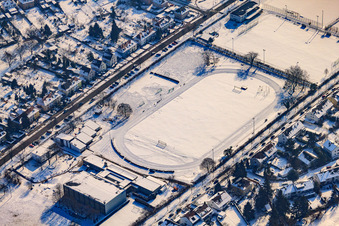 Sports fields of the sports community Karlsruhe in winter when there is snow in the district Nordweststadt in Karlsruhe in the state Baden-Wuerttemberg, Germany