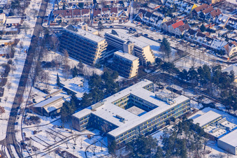 Humboldt Gymnasium and Wilhelm-Lübke-Haus in winter with snow in the district Nordweststadt in Karlsruhe in the state Baden-Wuerttemberg, Germany