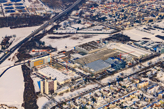 L'Oreal Produktion Deutschland GmbH from the south in winter with snow in the district Nordweststadt in Karlsruhe in the state Baden-Wuerttemberg, Germany