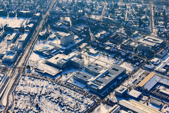 Aerial view of Municipal Hospital Karlsruhe in winter with snow in the district Nordweststadt in Karlsruhe in the state Baden-Wuerttemberg, Germany