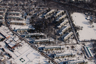 Tennesseeallee in winter with snow in the district Nordstadt in Karlsruhe in the state Baden-Wuerttemberg, Germany