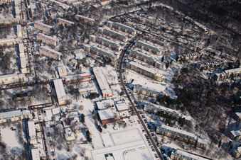 Aerial view of Tennesseeallee in winter with snow in the district Nordstadt in Karlsruhe in the state Baden-Wuerttemberg, Germany