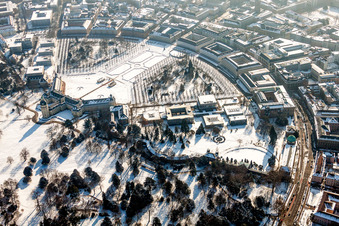 Aerial view of Wintry snowy Building complex in the park of the castle Schloss Karlsruhe in Karlsruhe in the state Baden-Wurttemberg, Germany
