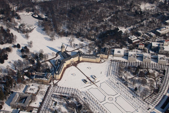 Lock in the district Innenstadt-West in Karlsruhe in the state Baden-Wuerttemberg, Germany seen from above